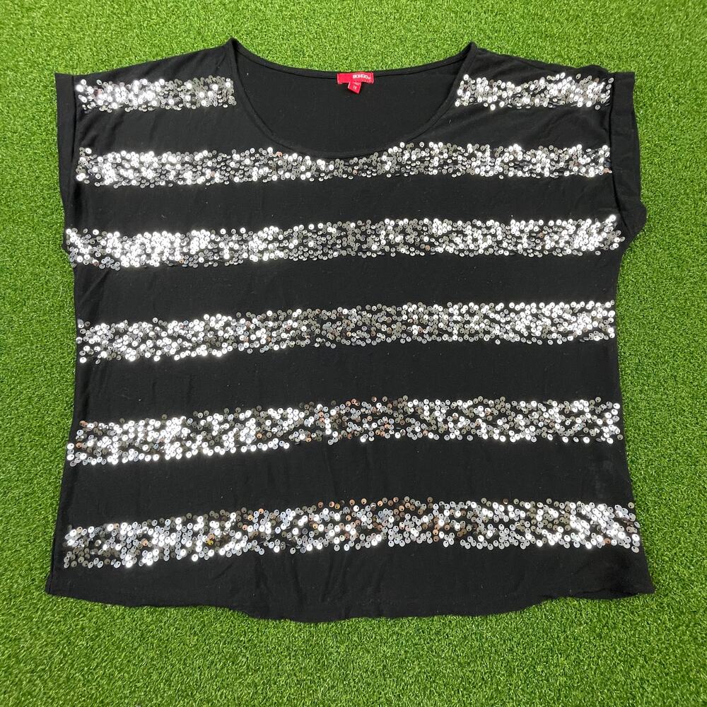Bongo Black Silver Sequined Stripe Dolman Boxy Shirt Sz 1X